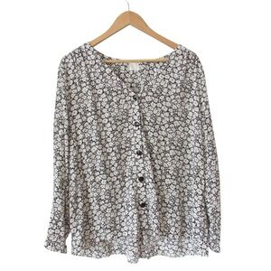 Des Petits Hauts Tosalia Blouse XL Black White Floral Button Front Long Sleeve